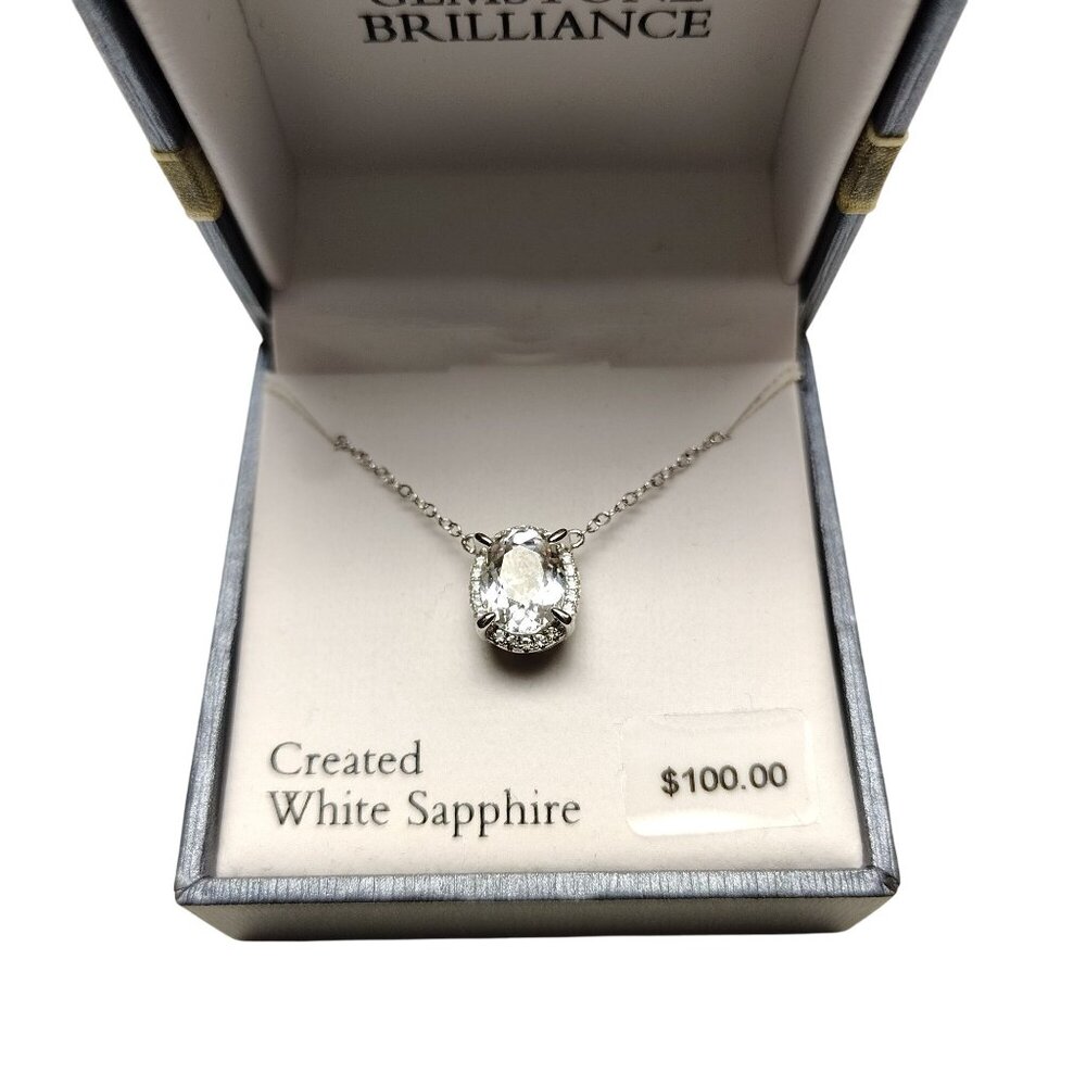 Created White Sapphire Pendant Necklace In Sterling Silver With Box - Picture 2 of 4